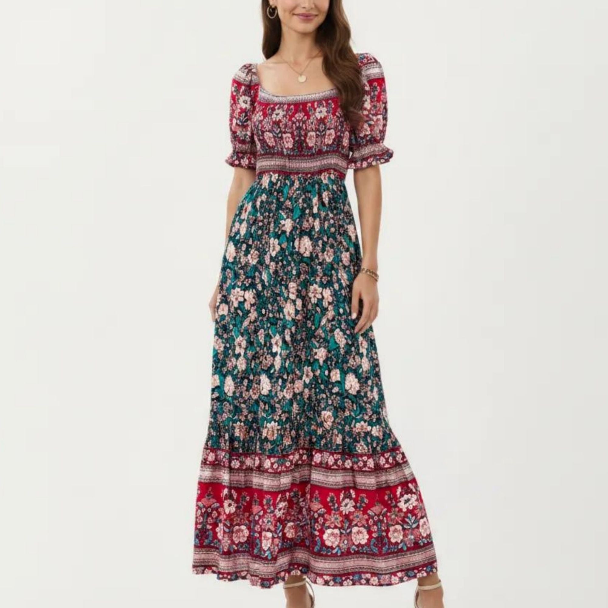 Anna-Kaci Women's Puff Sleeve Maxi Dress with Mixed Floral Print and Border Hem