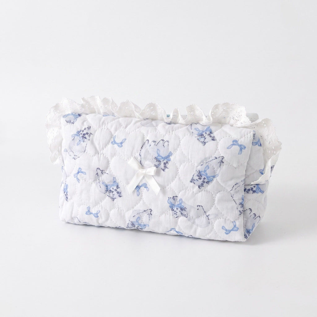 Womens Quilted Ruffle Makeup Bag with Blue Print Cosmetic Pouch