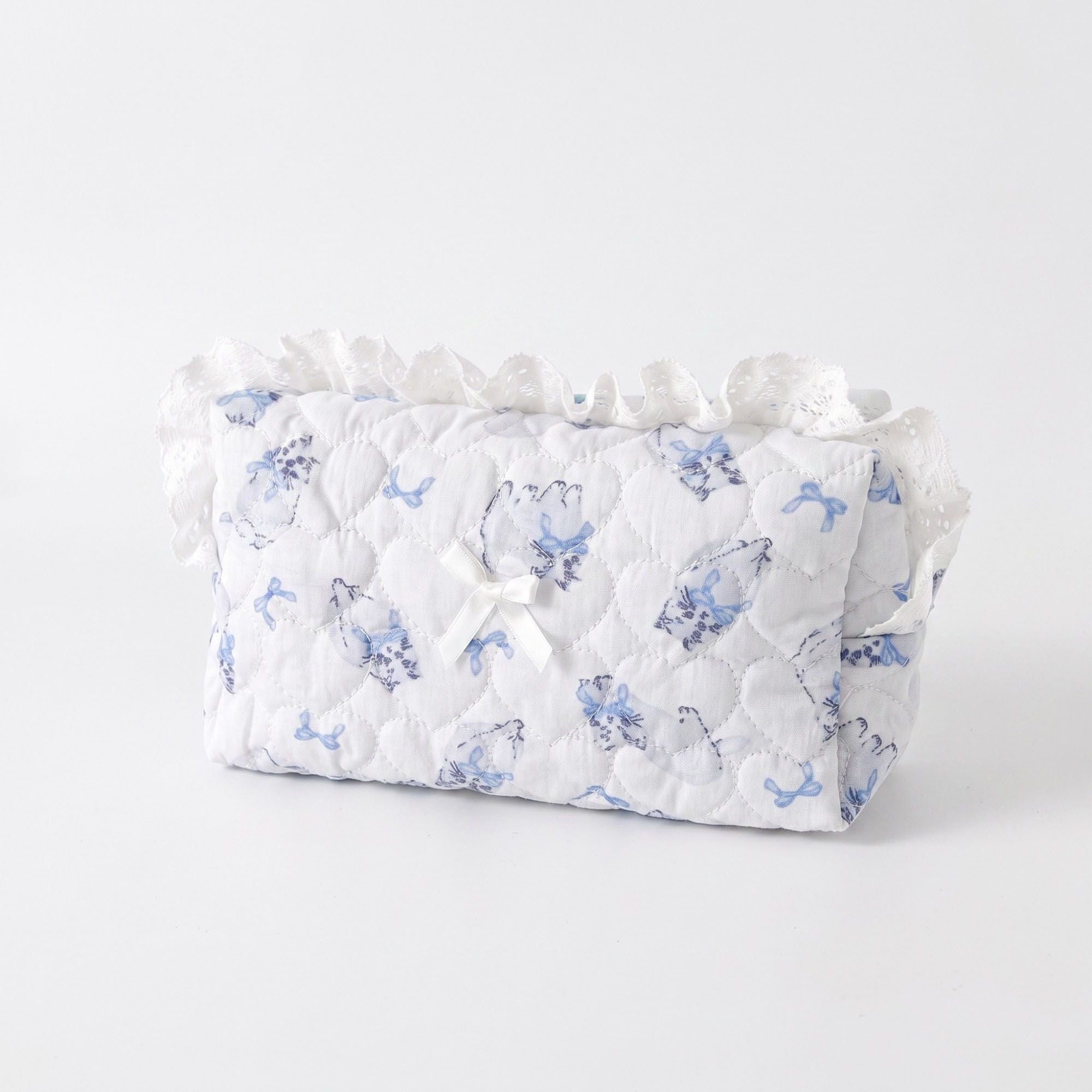 Womens Quilted Ruffle Makeup Bag with Blue Print Cosmetic Pouch