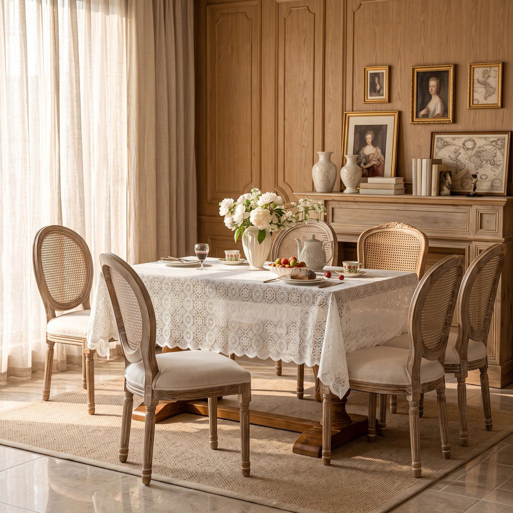Off White Floral Lace Square Tablecloth with Scalloped Edges 55.1x55.1in