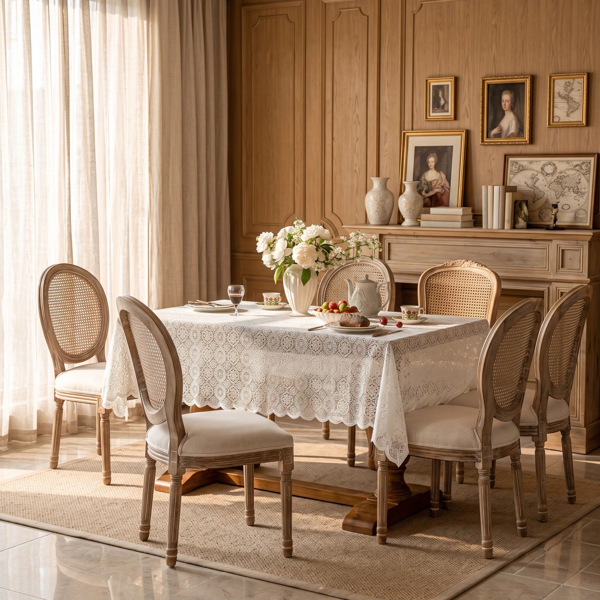 Off White Floral Lace Square Tablecloth with Scalloped Edges 55.1x55.1in