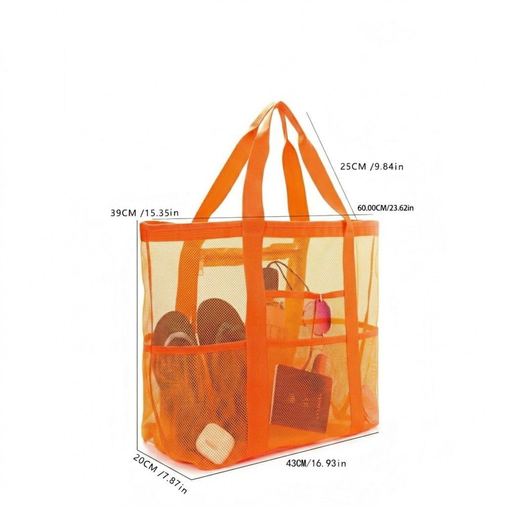 Mesh Beach Tote Bag Large Capacity Travel Shoulder Bag with Exterior Pockets Zipper Top Organizer