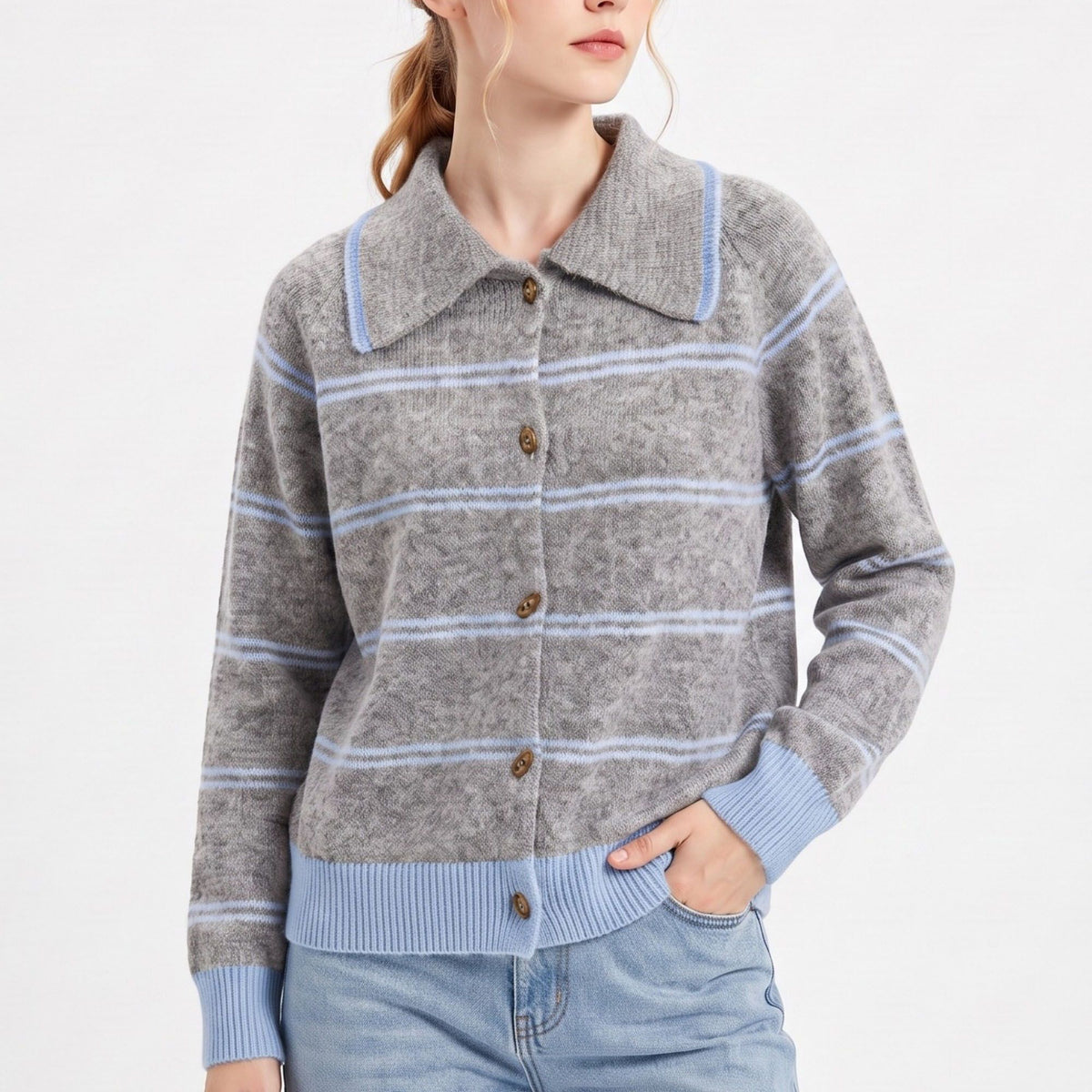 Striped Collared Button-Front Cardigan Sweater