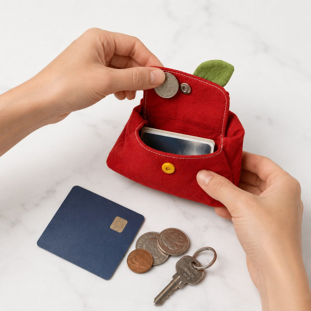 Apple-Shaped Mini Coin Purse Keychain with Snap Flap, Leaf Accent and Compact Earbud Card Storage Pouch