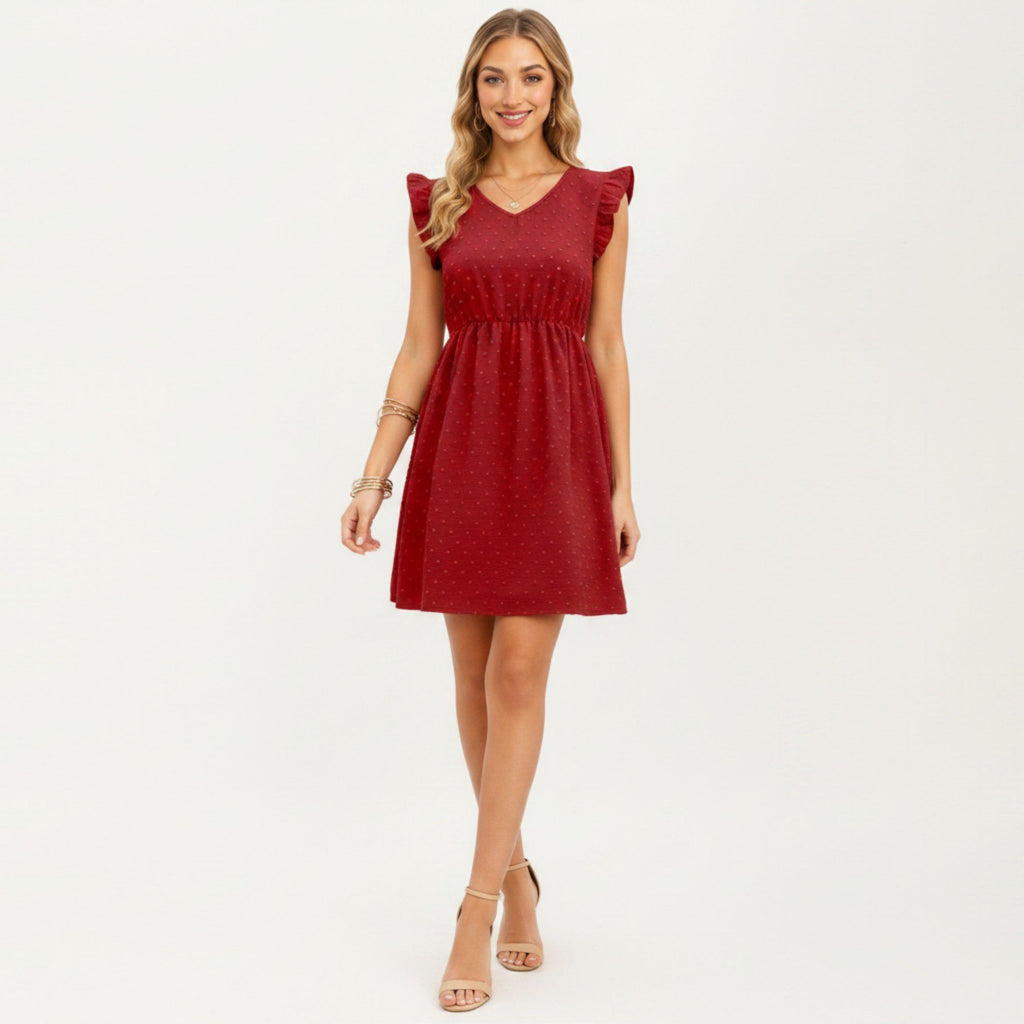 Anna-Kaci Women's Swiss Dot Babydoll Dress with Ruffle Sleeves and V-Neckline