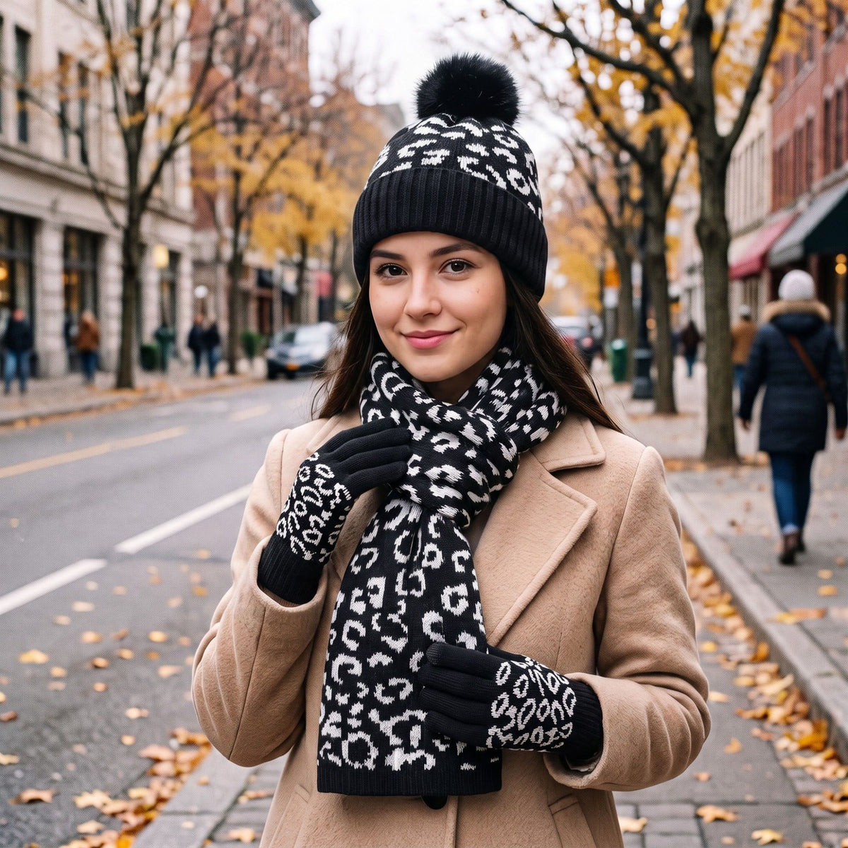 3 Piece Leopard Print Pom Beanie Scarf and Touchscreen Gloves Set
