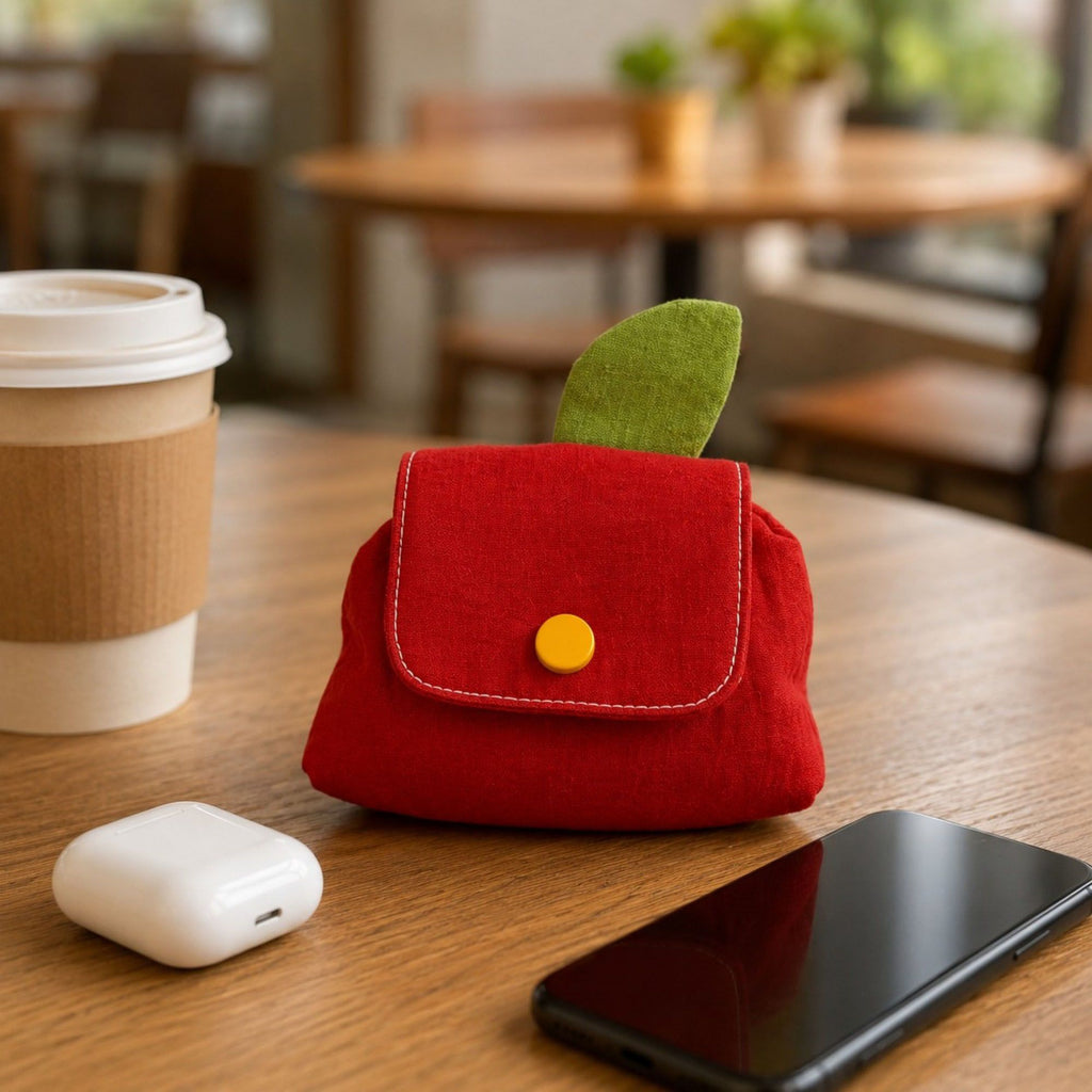 Apple-Shaped Mini Coin Purse Keychain with Snap Flap, Leaf Accent and Compact Earbud Card Storage Pouch