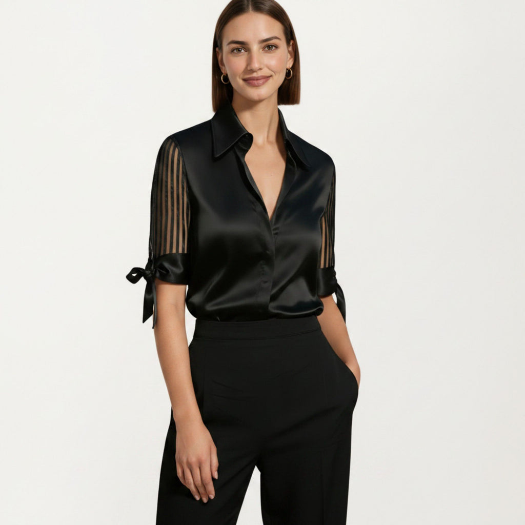 Anna-Kaci Women's Satin Collared Blouse with Sheer Stripe Sleeves and Bow Tie Cuffs
