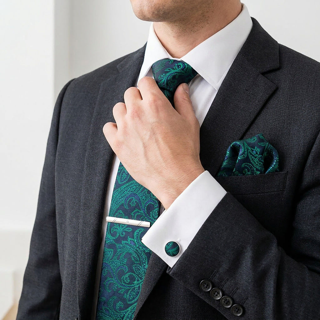 Men's Floral Print Tie Gift Set with Matching Pocket Square Cufflinks and Silver Tie Clip