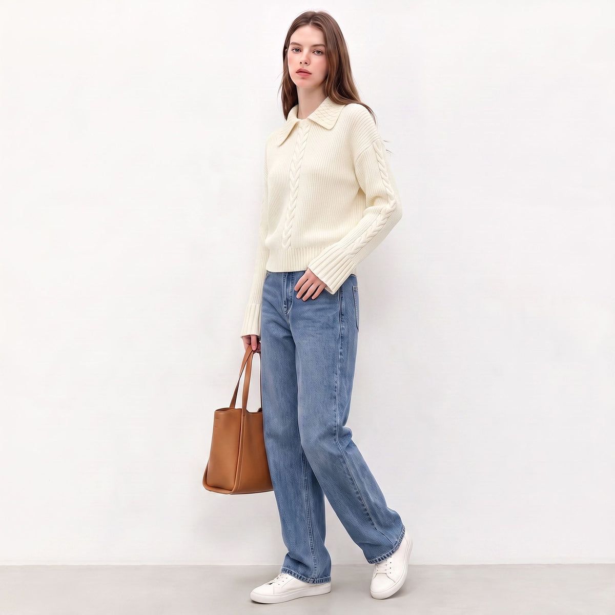 Cable Knit Collared Sweater with Flared Cuffs