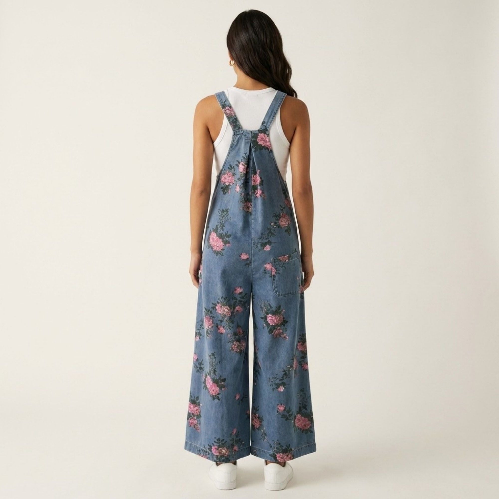Anna-Kaci Women's Floral Denim Overall Jumpsuit Wide Leg Adjustable Strap Loose Fit Casual Overalls