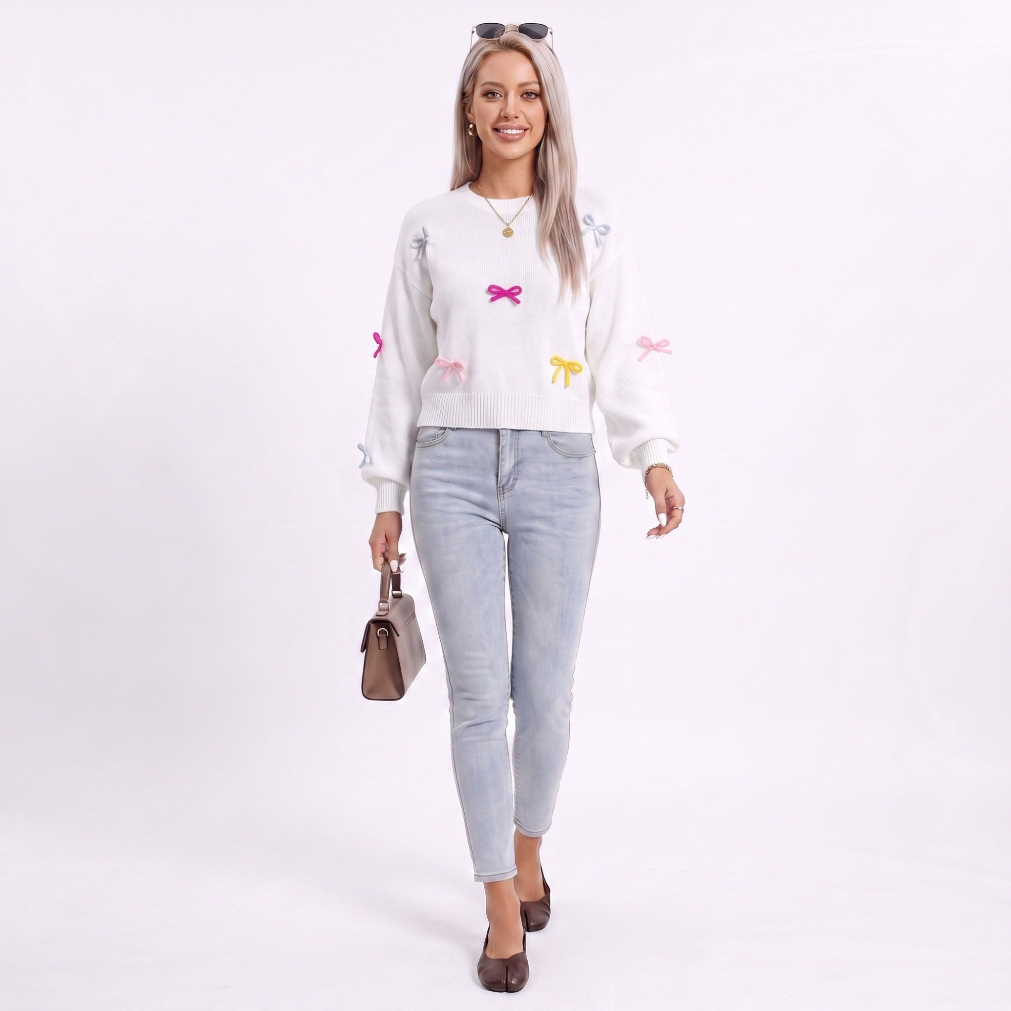Colorful Bow Crew Neck Long Sleeve Knit Sweater