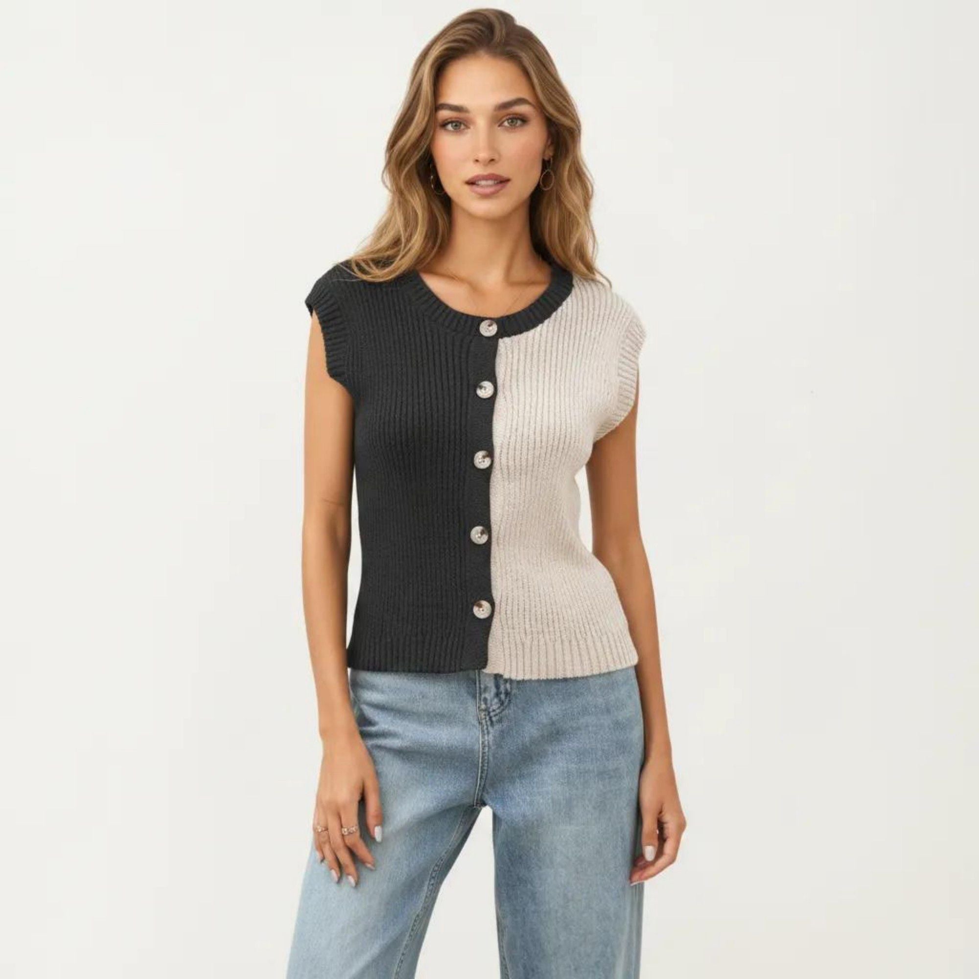 Anna-Kaci Women's Sleeveless Colorblock Knit Vest with Button Front and Ribbed Trim