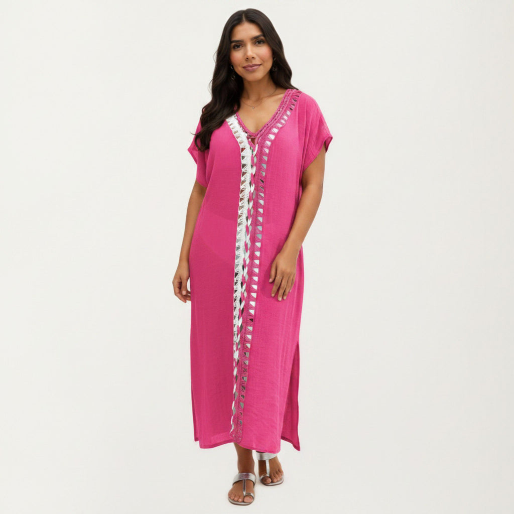 Anna-Kaci Women's Maxi Swim Cover Up Dress with Crochet Trim V Neck Short Sleeves Relaxed Lightweight Fit