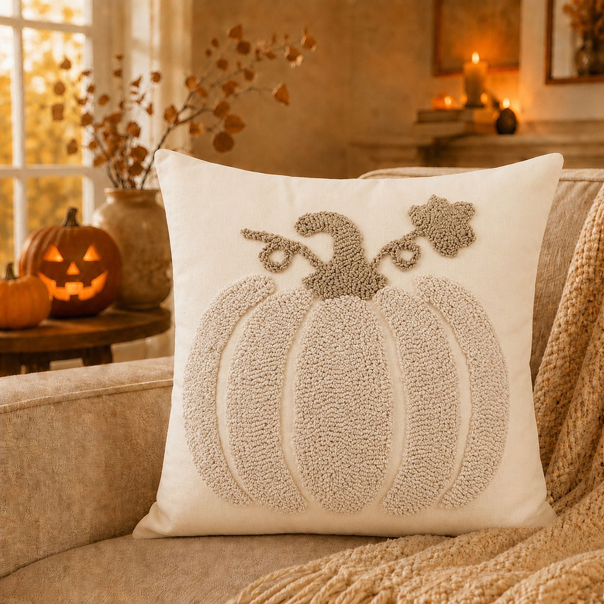 Tufted Pumpkin Throw Pillow Cover for Fall and Thanksgiving Decor