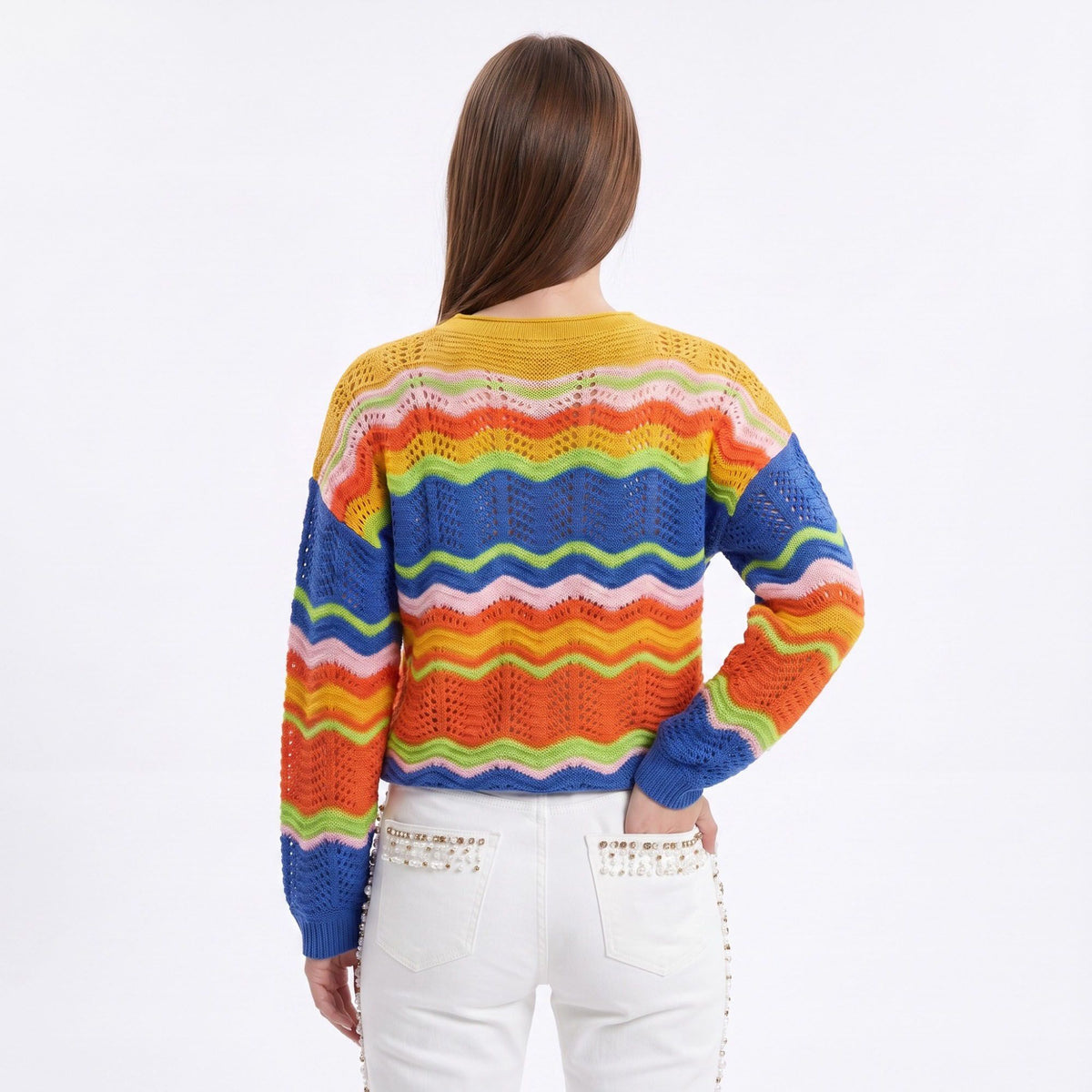 Multicolor Wave Stripe Openwork Knit Long Sleeve Pullover Sweater