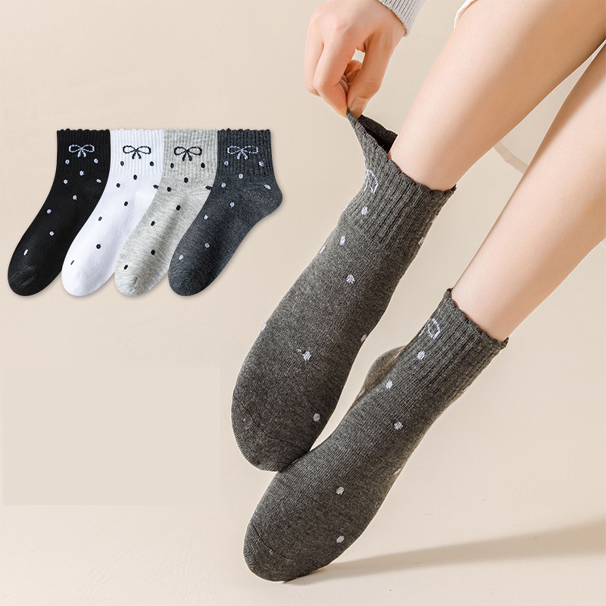 Anna-Kaci Women's Soft Cotton Ankle Socks with Bow Embroidery Polka Dot Design 4 Pairs