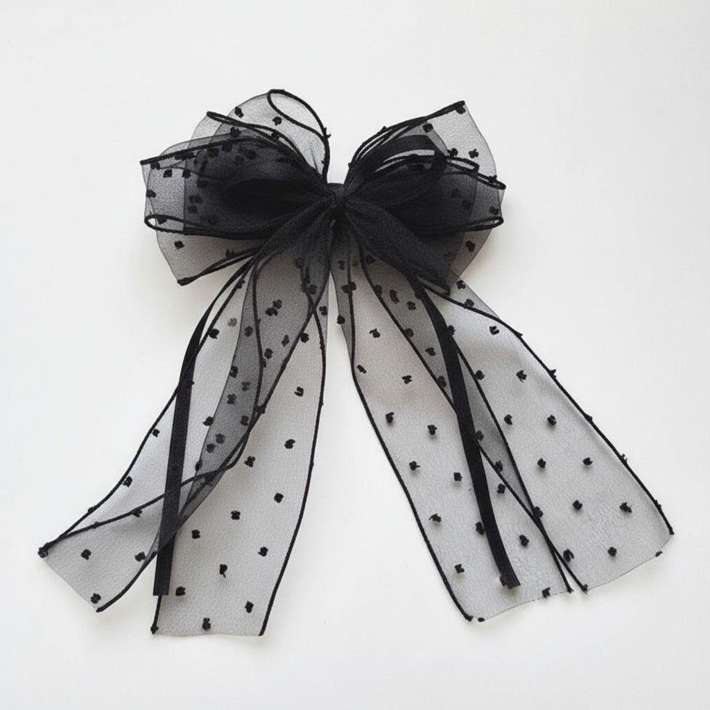 Anna-Kaci 2pcs Sheer Polka Dot Bow Hair Clip with Layered Tulle Design and Long Ribbon Tails