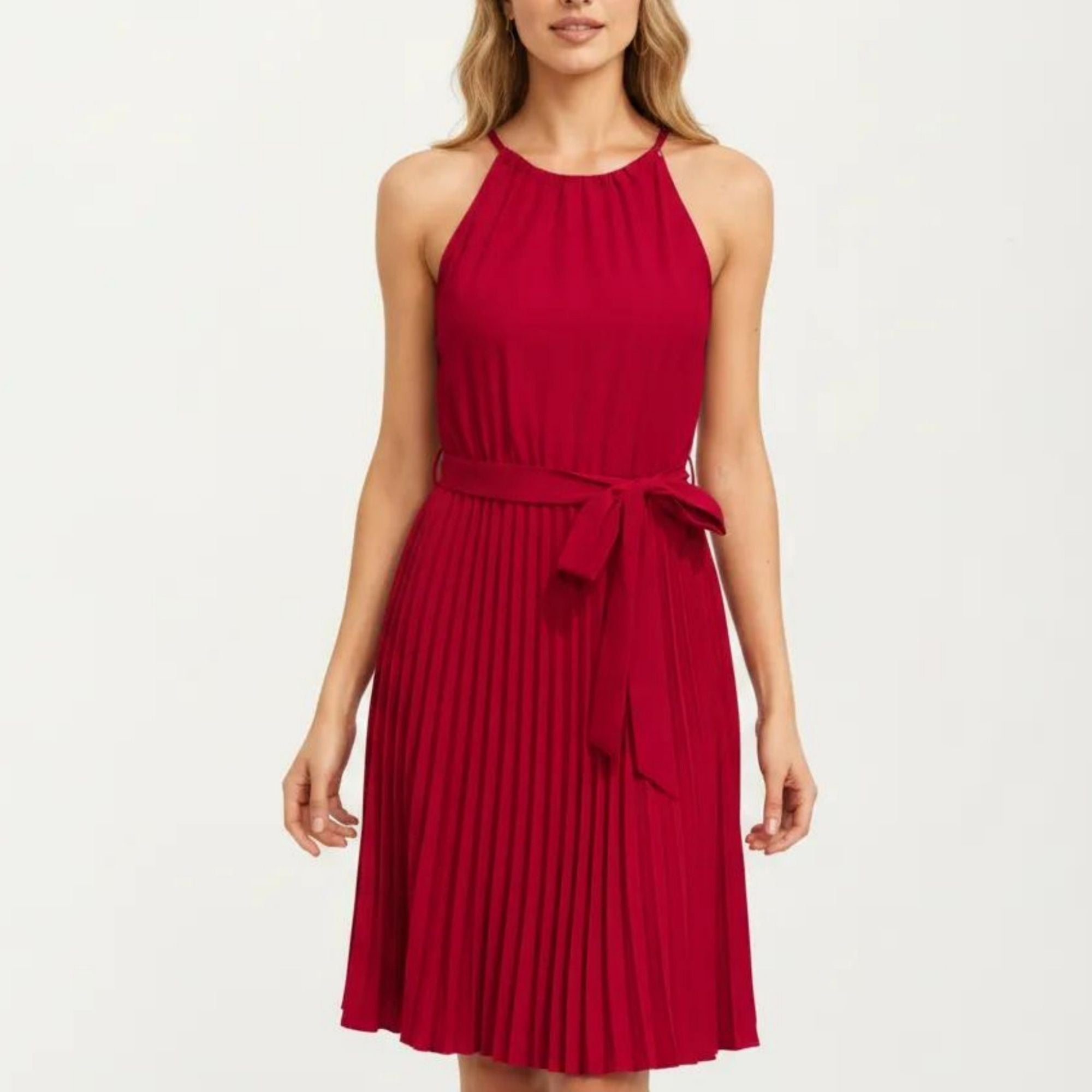 Anna-Kaci Women's Sleeveless Halter Midi Dress with Pleated Skirt and Waist Tie