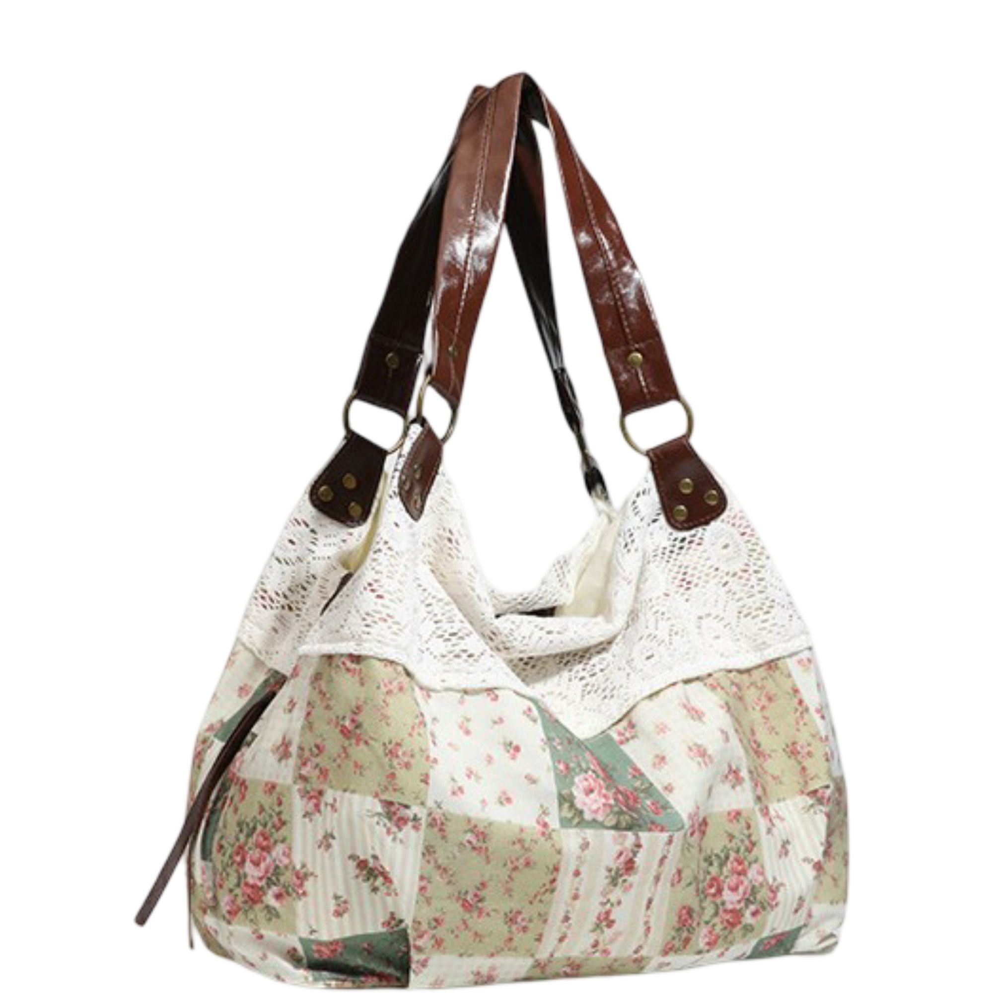 Patchwork Shoulder Bag with Crochet Lace Detail and Faux Leather Straps