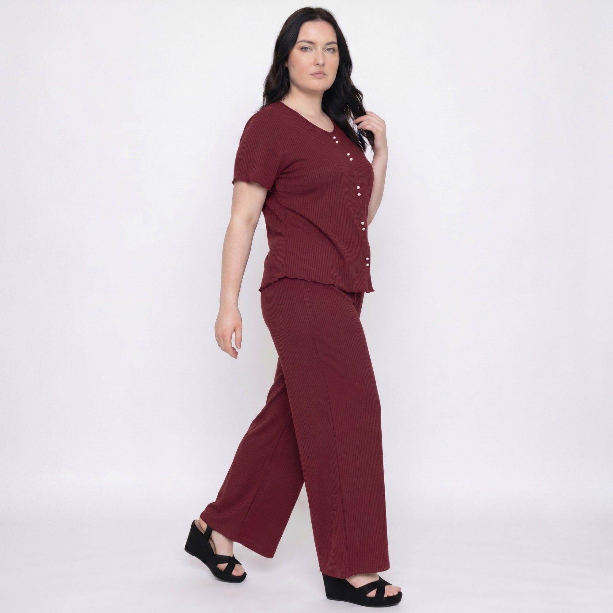 Plus Size 2-Piece Short Sleeve Button Front Pajama Top and Wide Leg Pants Sleepwear Lounge Set