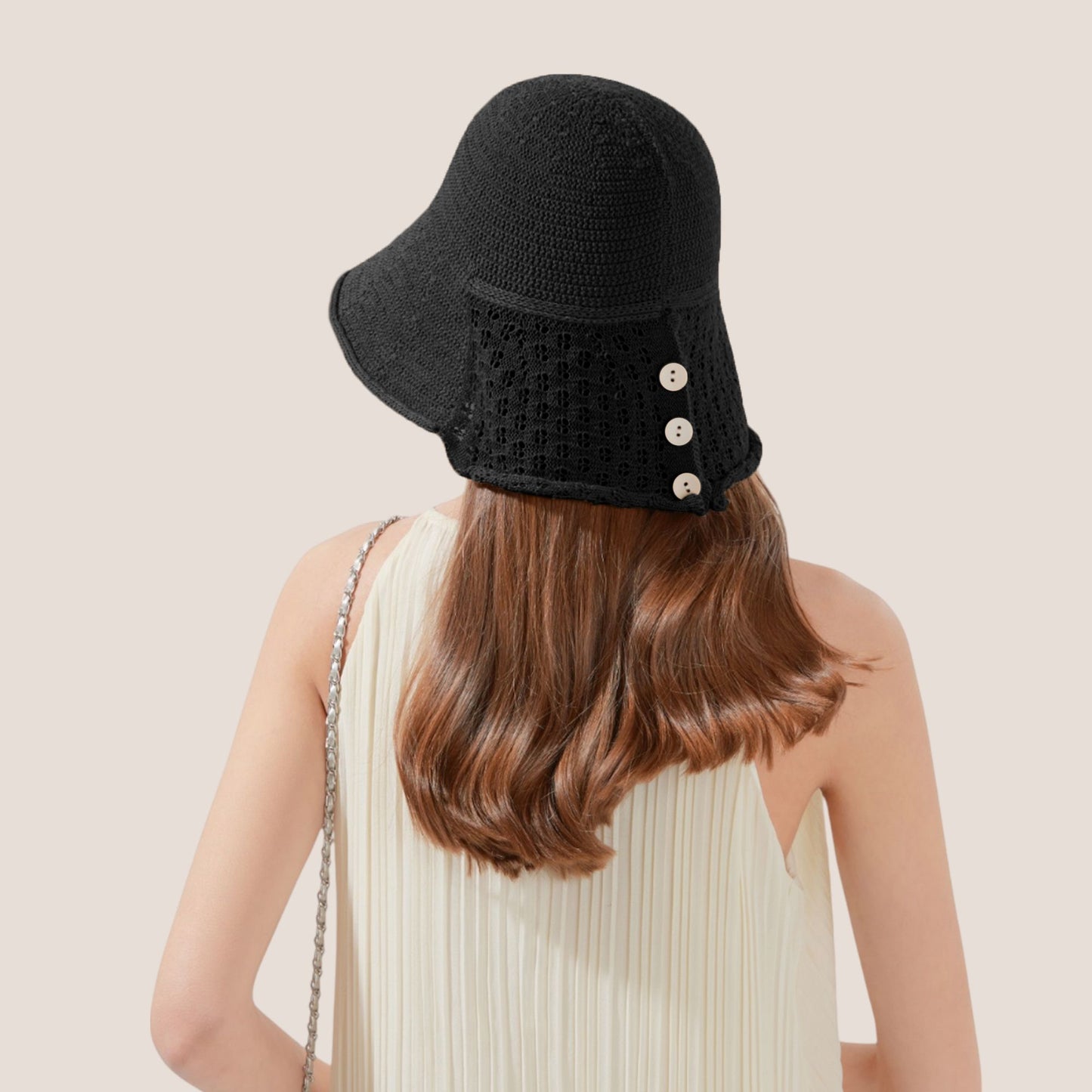 Anna-Kaci Crochet Bucket Hat with Adjustable Chin Strap and Back Button Eyelet Panel for Sun Protection