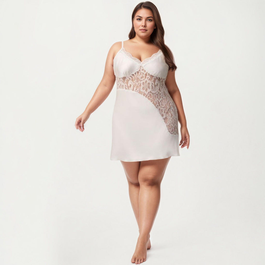 Anna-Kaci Lounge Women's Plus Size Lace Panel Chemise Slip Dress Adjustable Strap Sleepwear