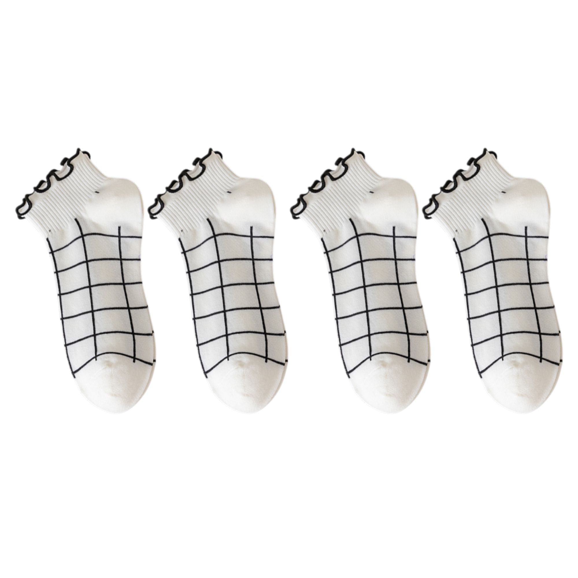 Anna-Kaci 4 Pairs Ankle Socks with Ruffle Trim Cuff Featuring Cherry, Grid, Stripe, and Polka Dot Designs