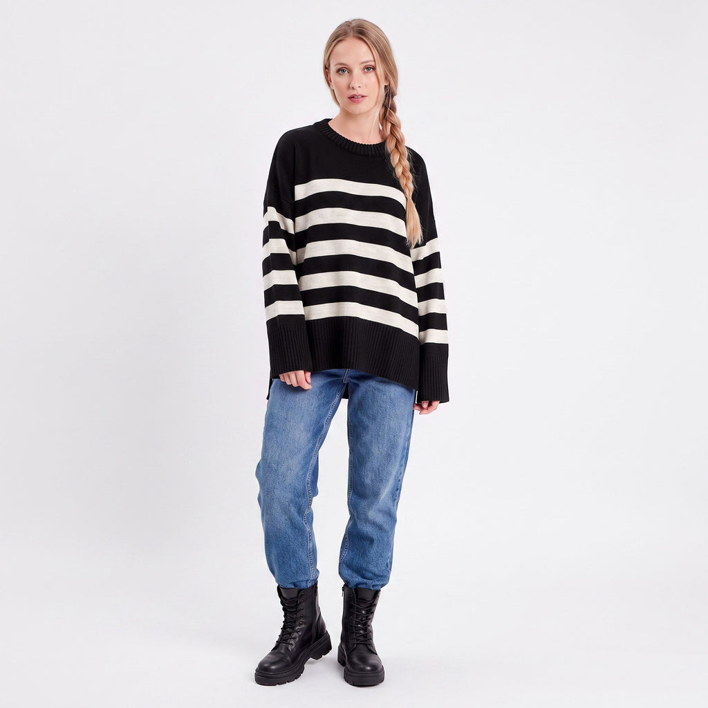 Oversized Striped Crewneck Side Slit Tunic Sweater
