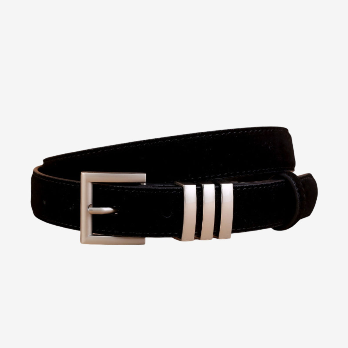 Suede Leather Belt with Silver Tone Bar Accents and Square Buckle 39.4in