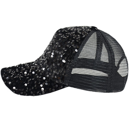 Anna-Kaci Women's Sparkly Sequin Baseball Cap Messy Low Bun Ponycap Velvet Mesh Trucker Hat