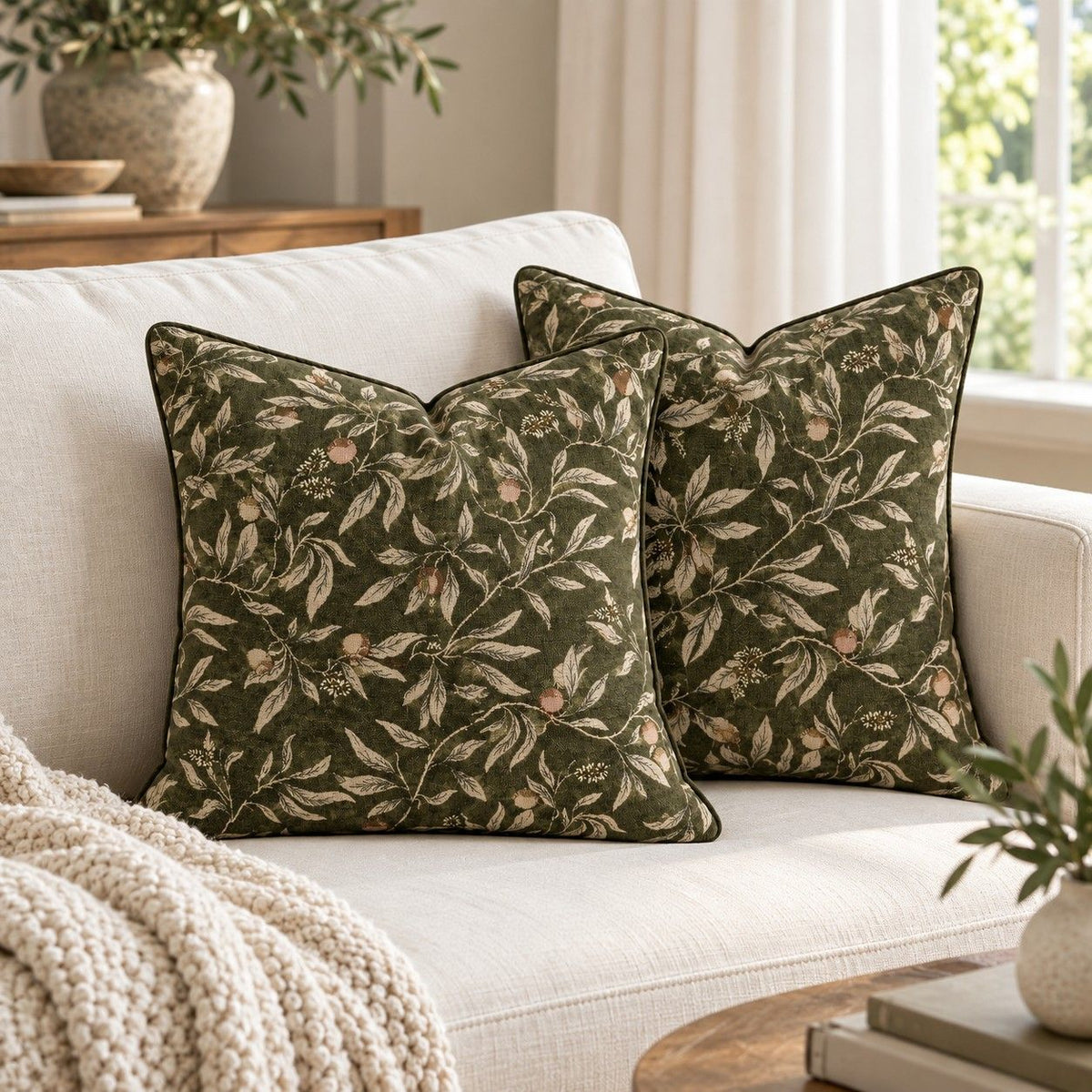2 Pack Botanical Leaf Velvet Throw Pillow Covers 18 x 18 Inch with Piped Edges