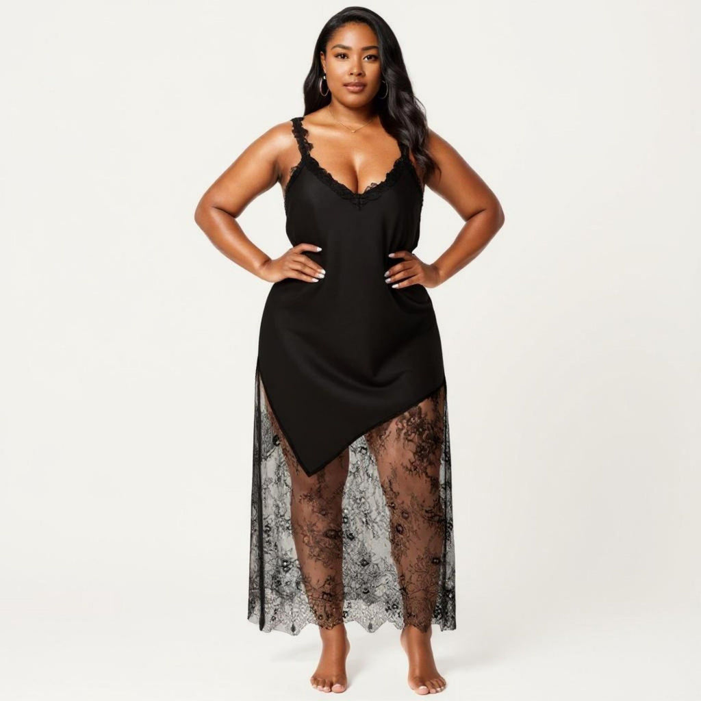 Anna-Kaci Lounge Women's Plus Size Lace Trim Slip Dress Asymmetrical Hem Sheer Mesh Nightgown Sleepwear