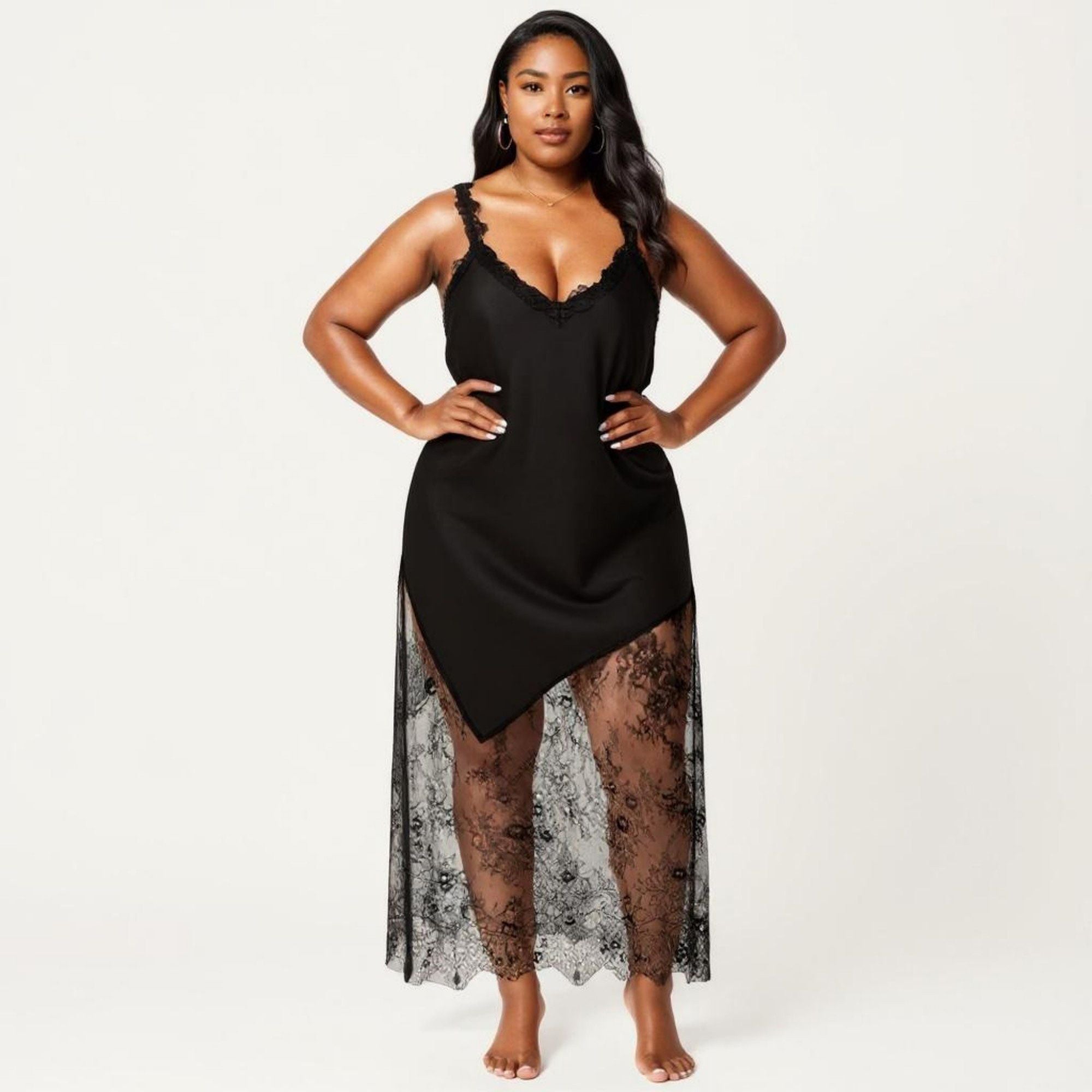 Anna-Kaci Lounge Women's Plus Size Lace Trim Slip Dress Asymmetrical Hem Sheer Mesh Nightgown Sleepwear