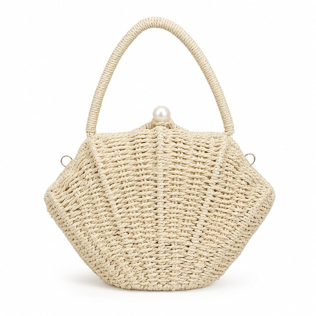 Shell Woven Top Handle Bag with Pearl Button and Detachable Chain Strap