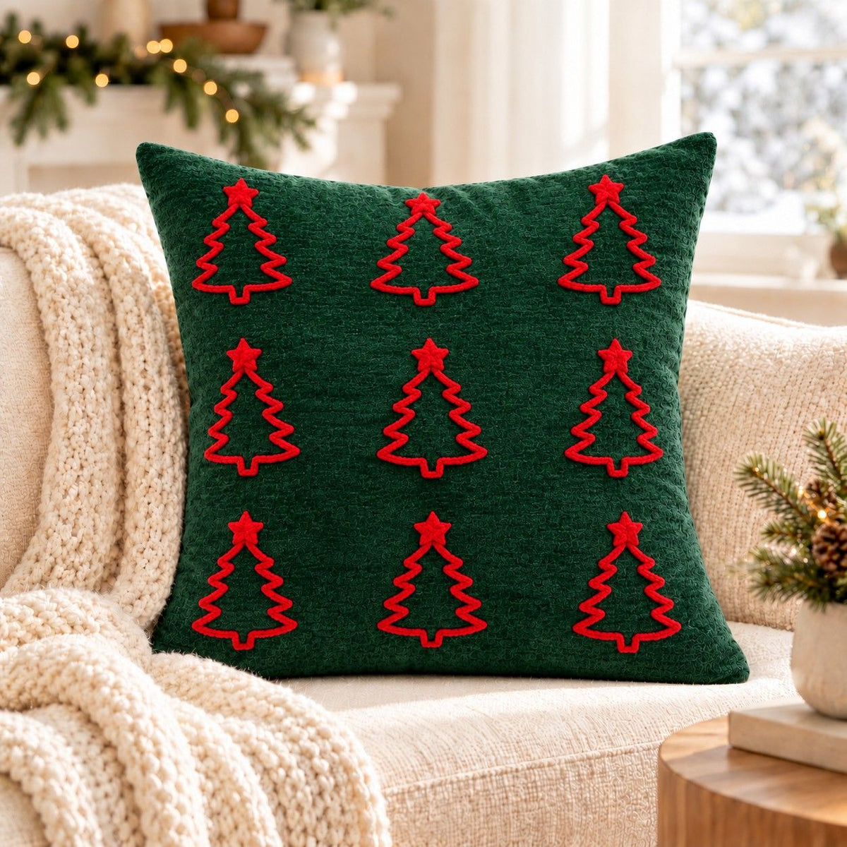Christmas Embroidered Throw Pillow Cover 18 x 18 Inch Holiday Home Decor