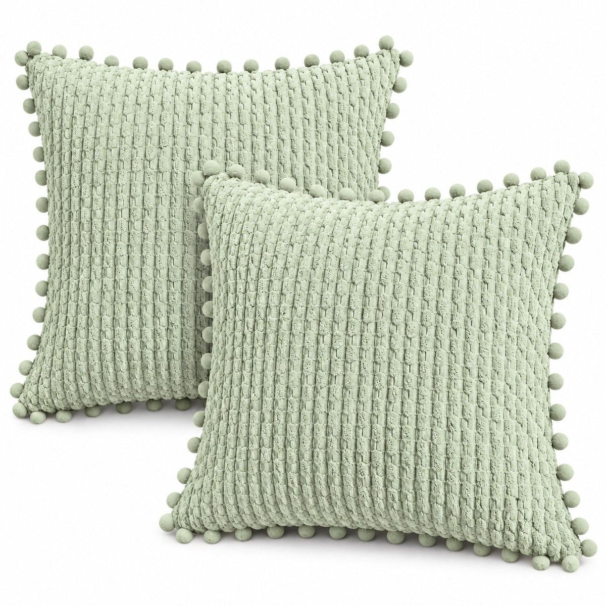 2 Pack Double Sided Corduroy Throw Pillow Covers 18 x 18 Inch with Pom Pom Trim