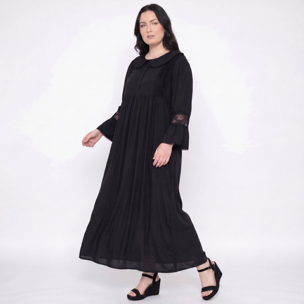 Long Sleeve Button Front Maxi Nightgown Peter Pan Collar Lace Trim Sleep Dress
