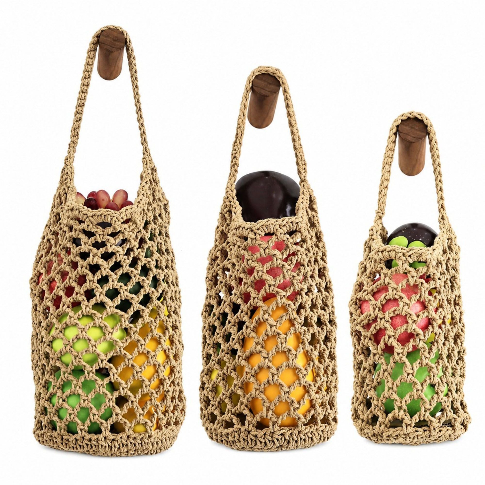 Juego de cestas de macramé para colgar frutas y verduras, organizador de almacenamiento de cuerda de algodón tejida
