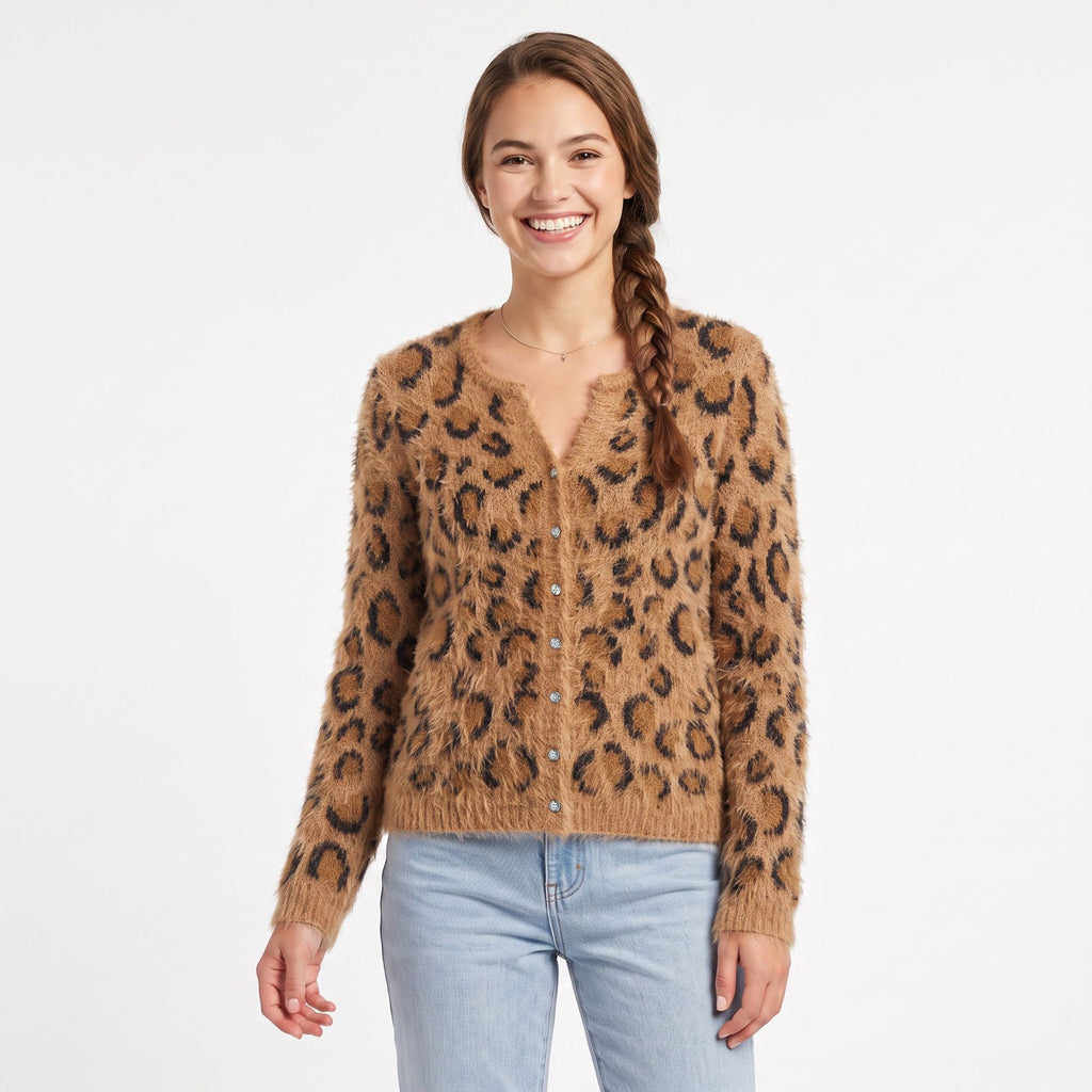 Fuzzy Leopard Print Button Front Cardigan Sweater