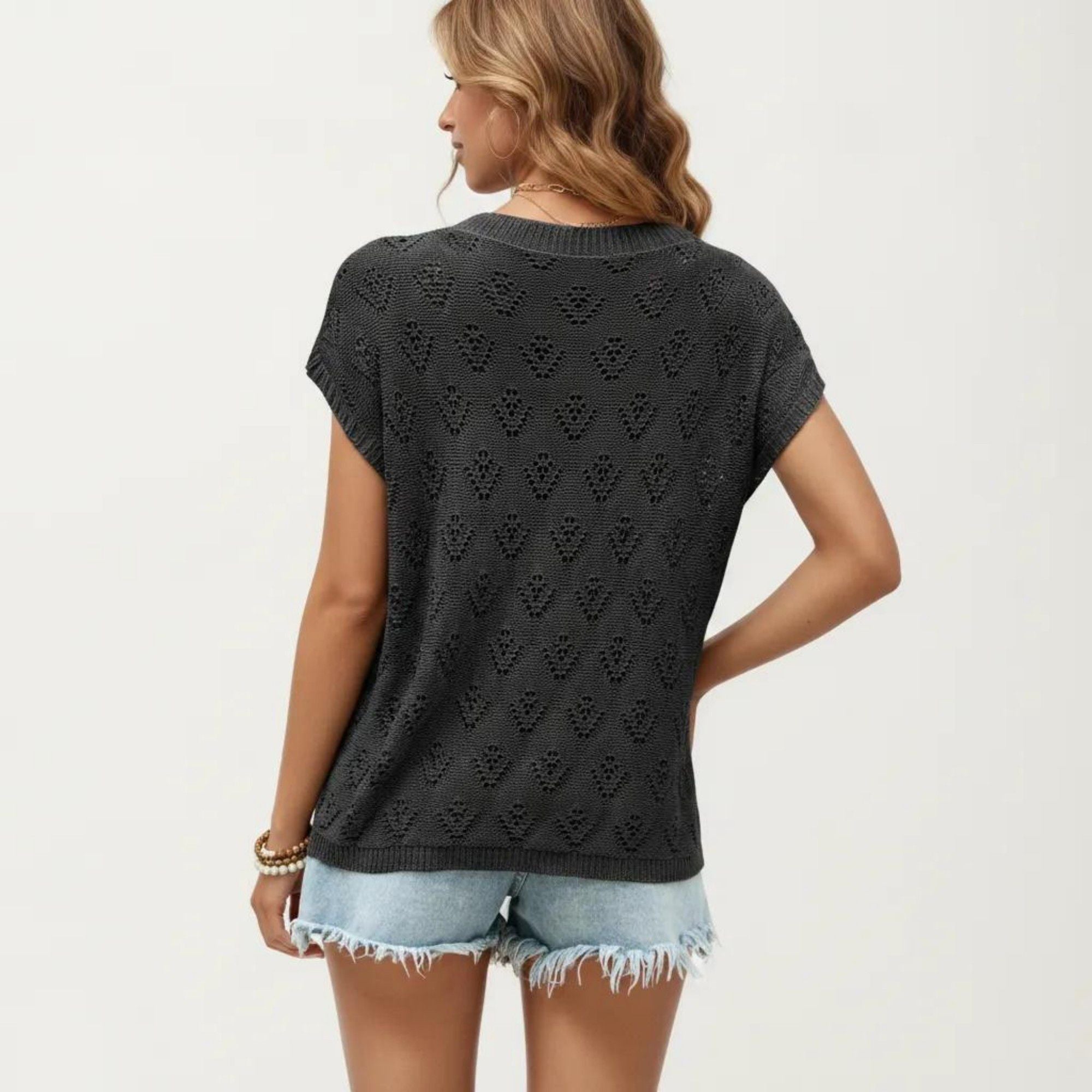 Anna-Kaci Women's Short Sleeve Knit Top with Floral Eyelet Pattern and Ribbed Crew Neck