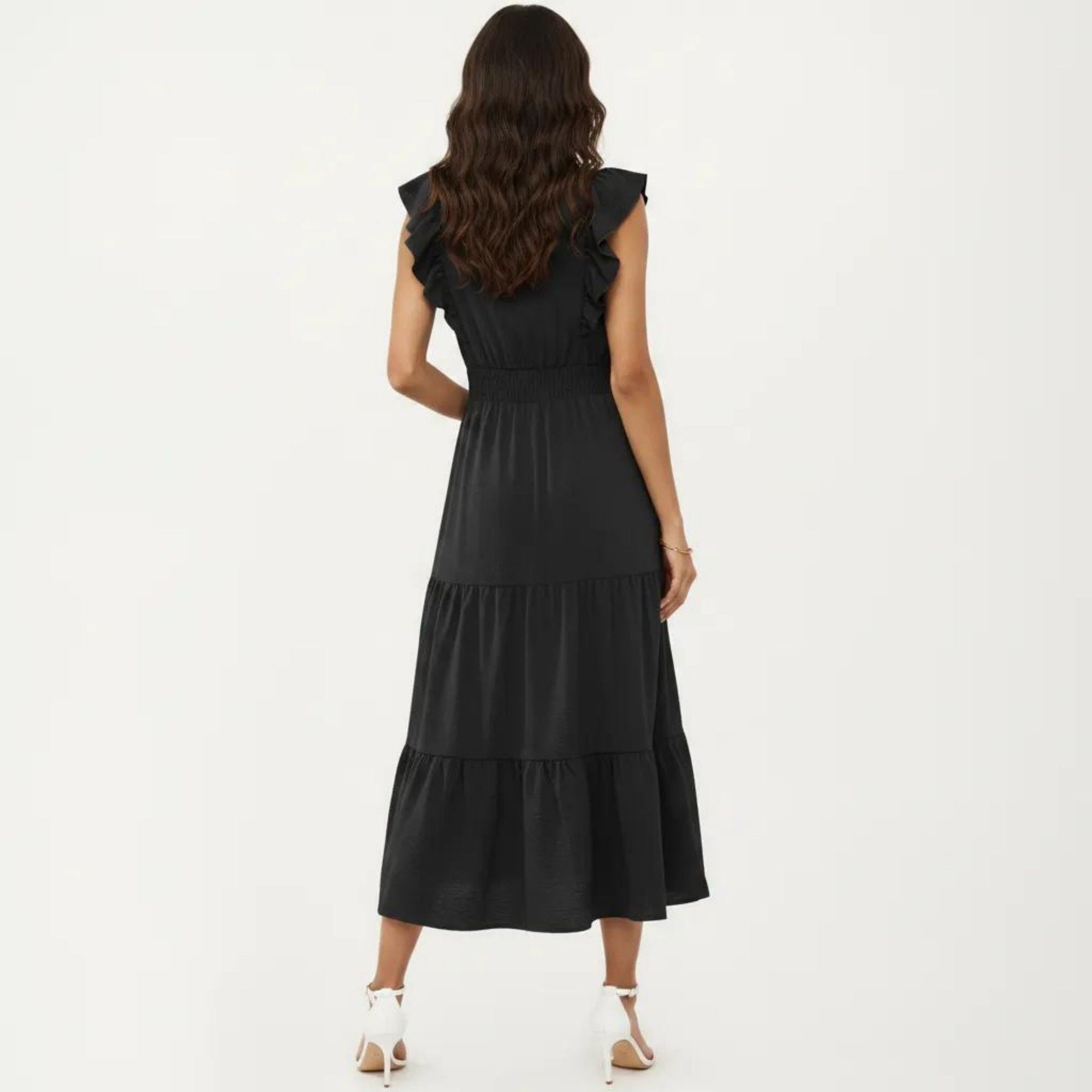 Anna-Kaci Women's Tiered Midi Dress with Ruffle Sleeves and Smocked Waist
