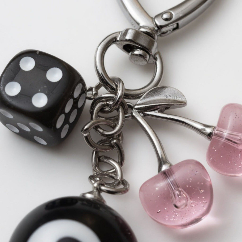 8 Ball Cherry Dice Charm Keychain with Heart Clip Novelty Bag Charm Key Ring Accessory