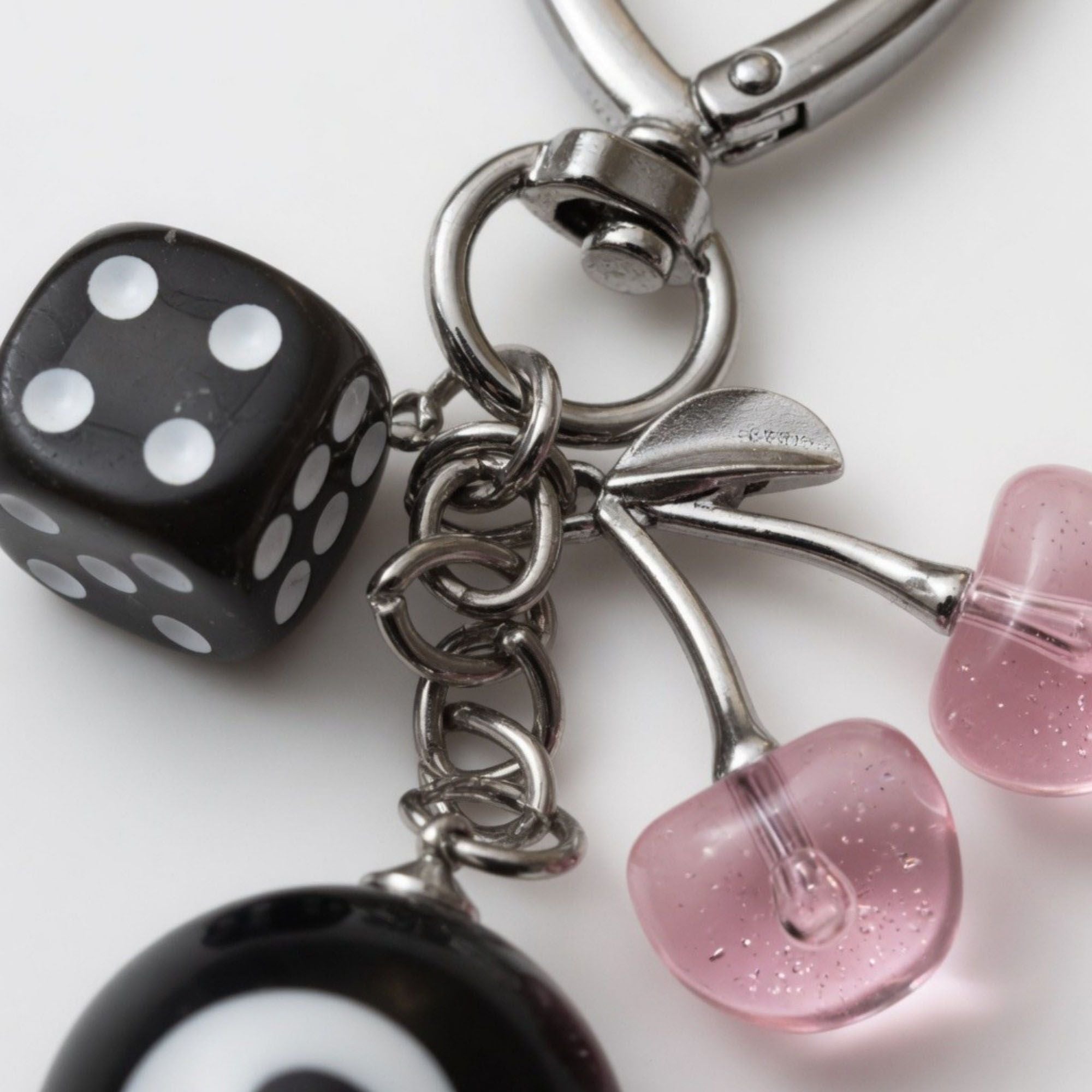 8 Ball Cherry Dice Charm Keychain with Heart Clip Novelty Bag Charm Key Ring Accessory