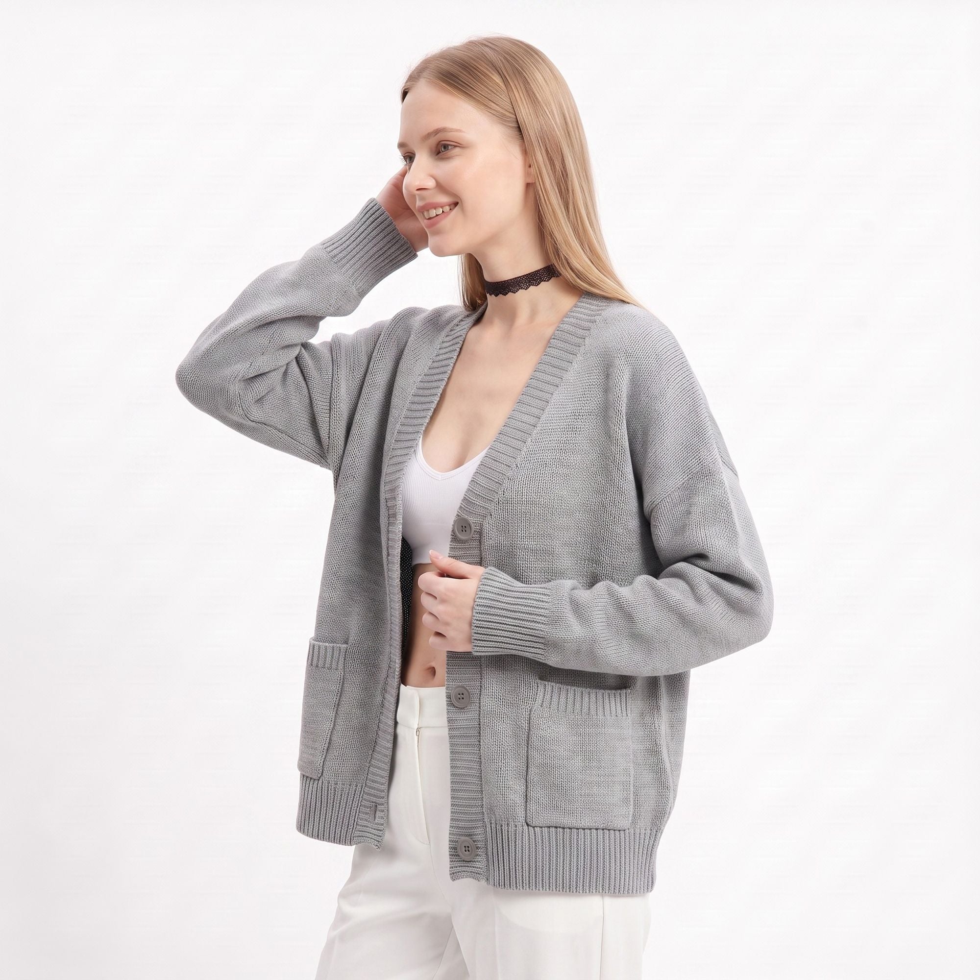 Oversized V Neck Button Front Cardigan with Pockets