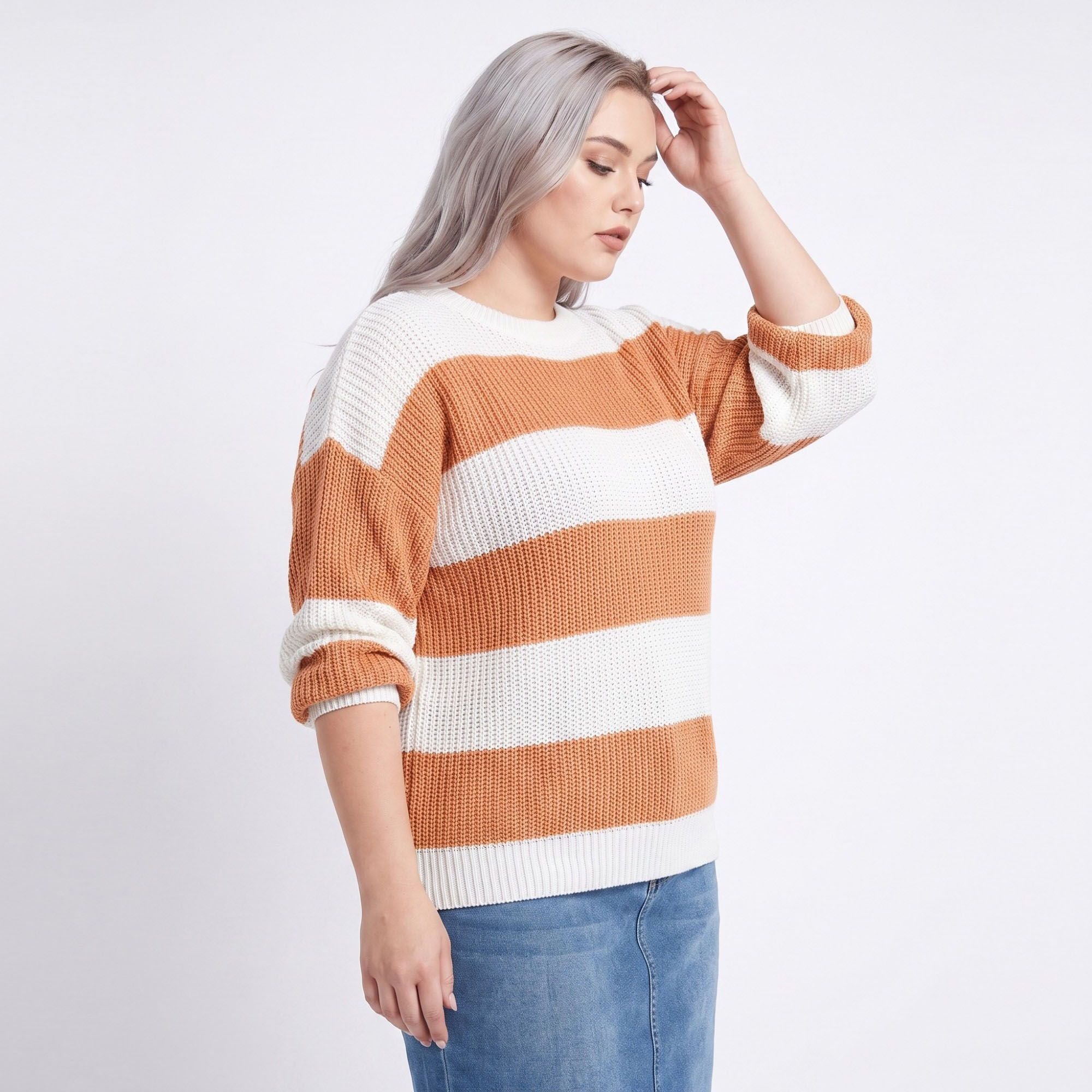 Plus Size Striped Crewneck Relaxed Fit Sweater
