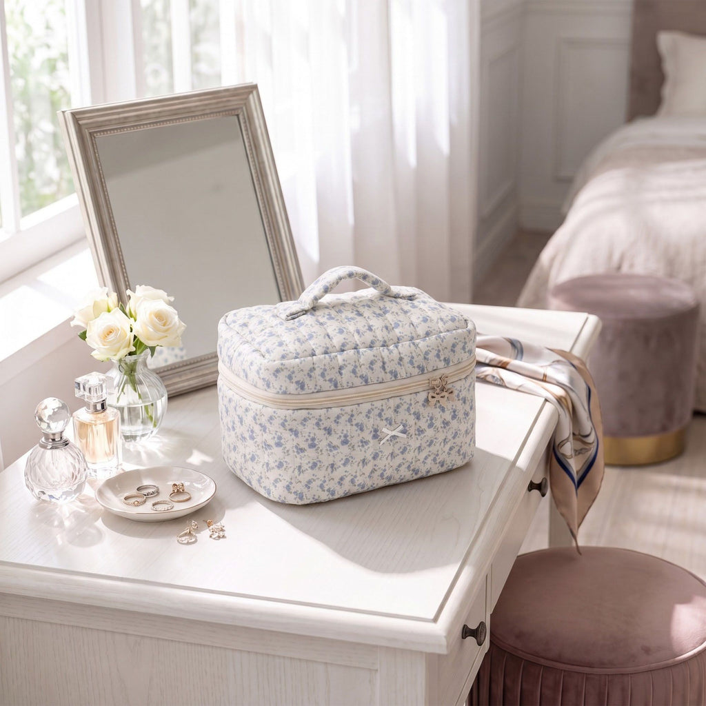 Quilted Floral Cosmetic Makeup Bag with Top Handle and Zip Closure