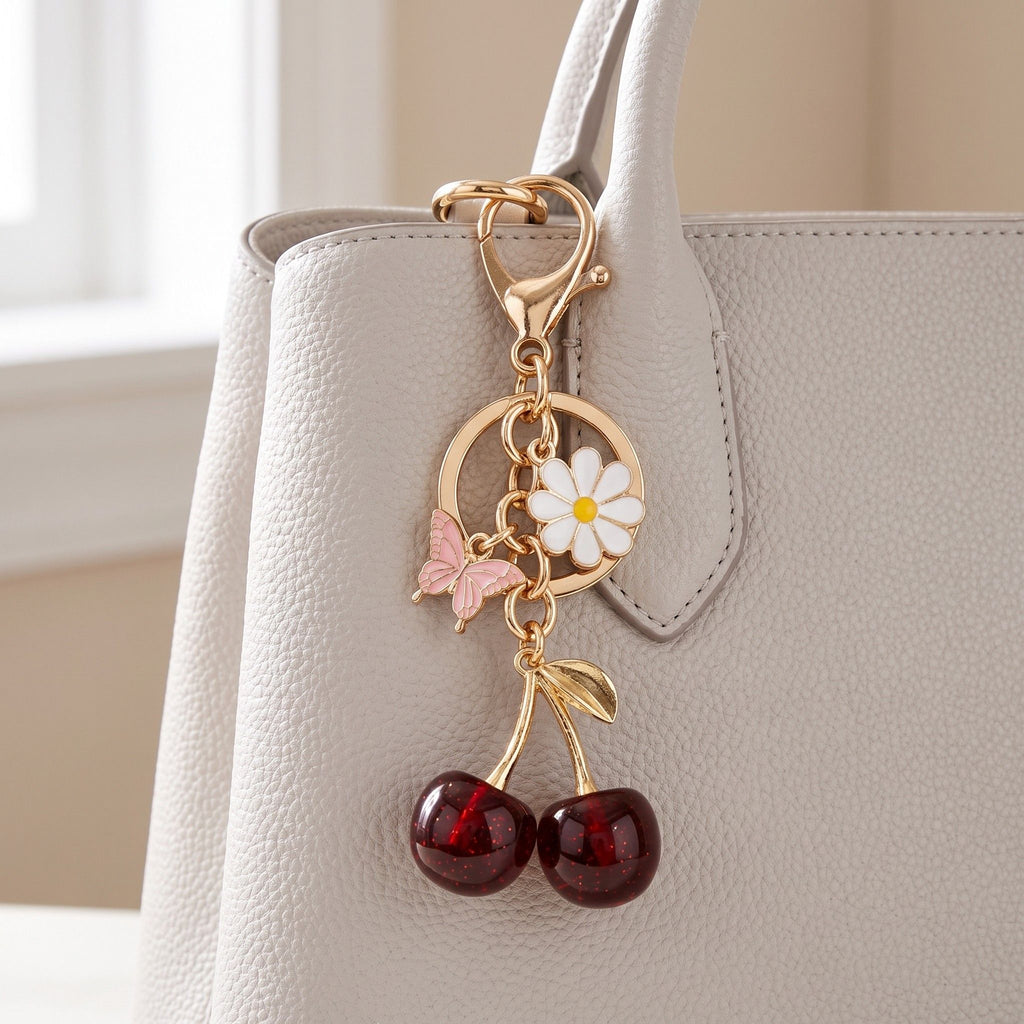 Cherry Bag Charm Keychain with Daisy and Butterfly Accents and Gold-Tone Clip