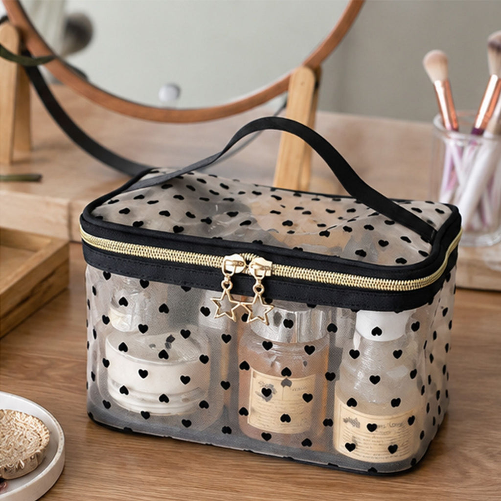 Heart Print Mesh Makeup Bag Large Travel Cosmetic Toiletry Organizer with Handle