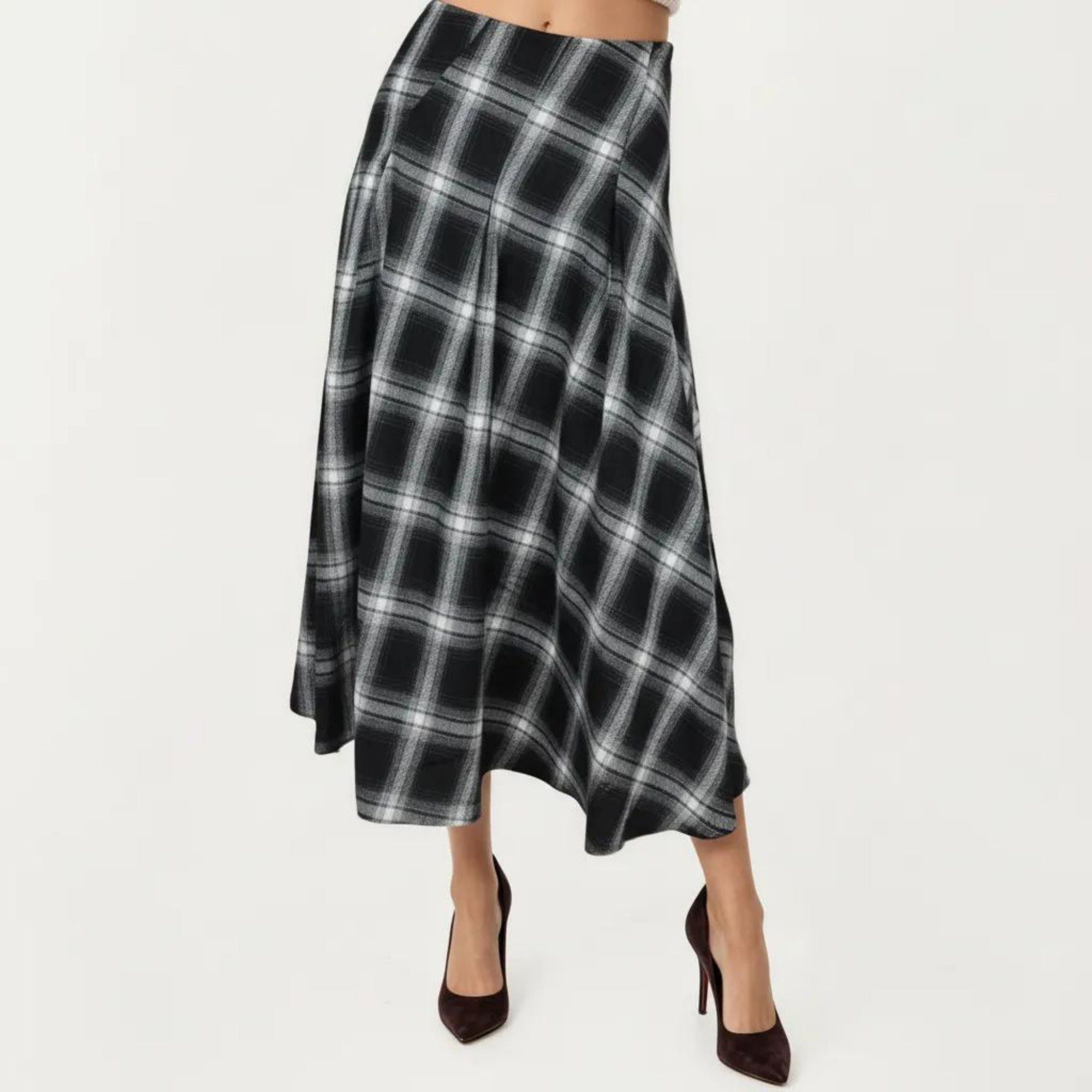 Anna-Kaci Women's Plaid Midi Skirt with A-Line Silhouette Flowy Hem High Waist Design Classic Check Pattern Skirt